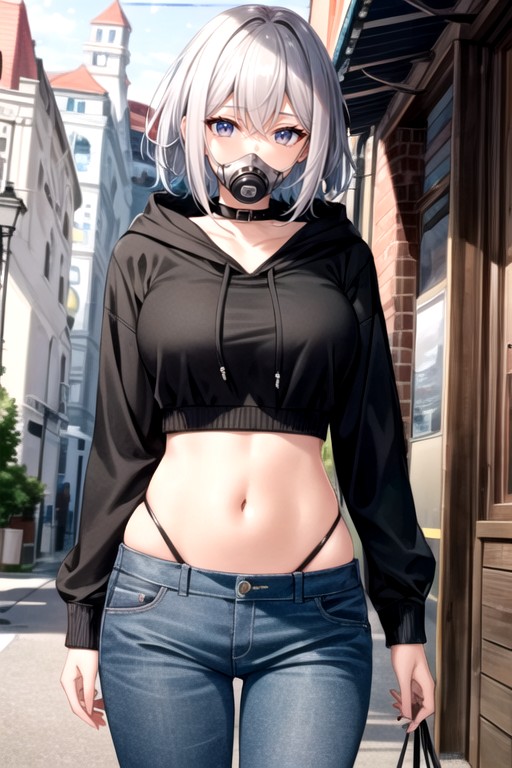 Have Silver Hair Short Legth Hair, A Woman Wearing A Full Gas Mask Dirty Old Hoodie And Dusty Pant AI Porn