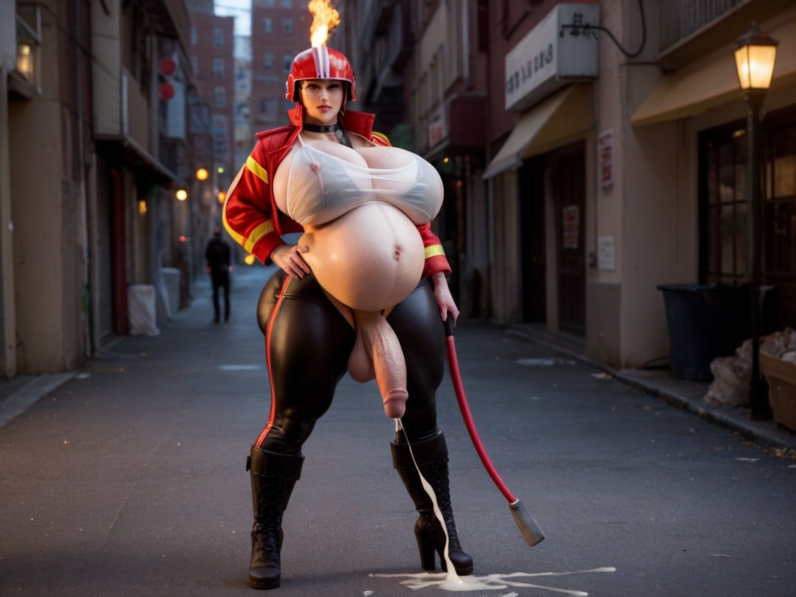 Sexy Fire Fighter Futanari Cumming On A Trash Fire, Thick, Cumming Shemale AI Porn