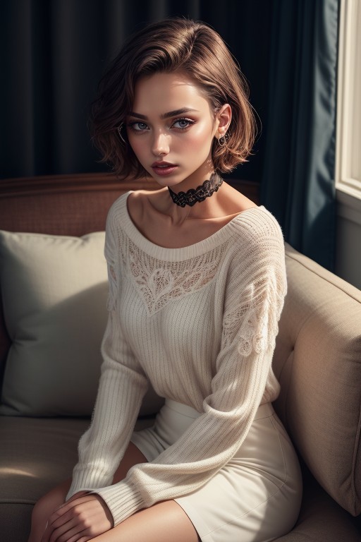 Rolling Eyes, Black Choker Delicate Lace Design, Curtain In Background White Lace Curtain With Intricate Patterns AI Porn