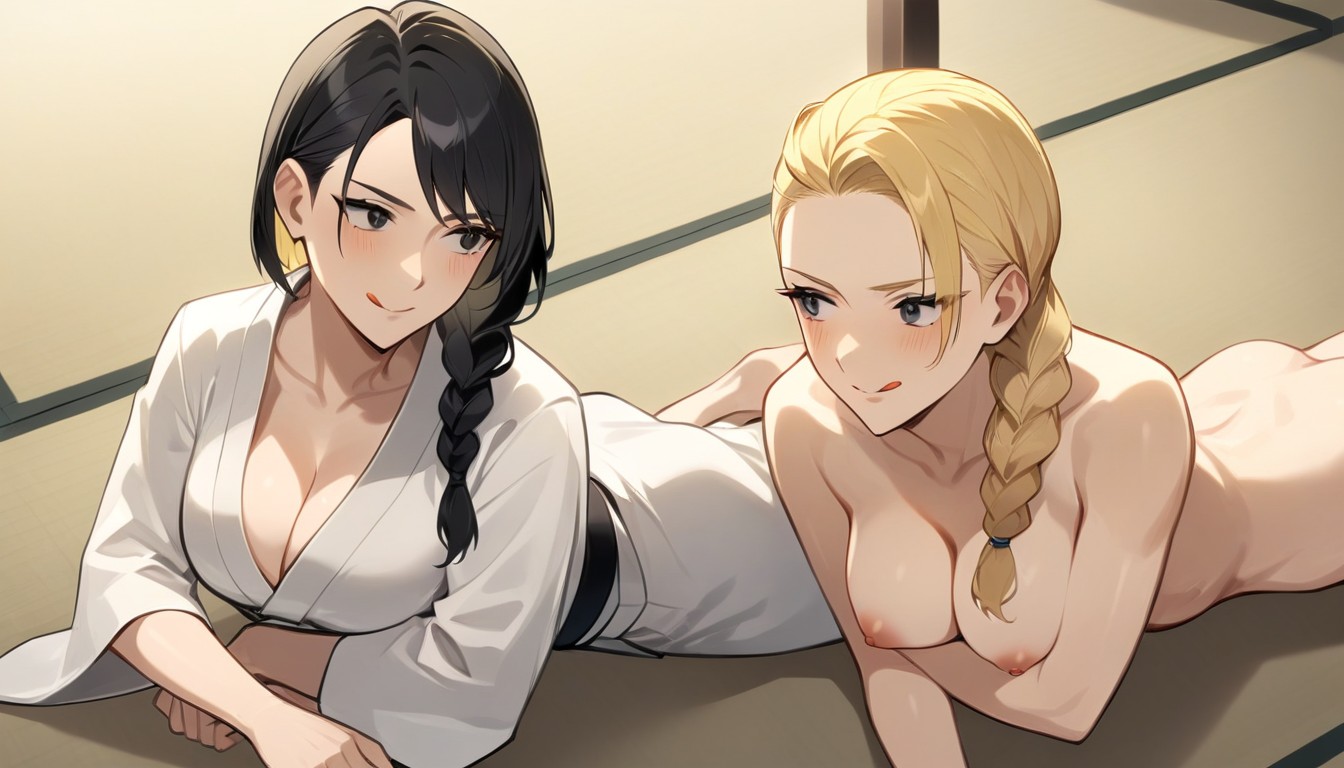 Taillenschuss, Black Hair Girl Licking Own Lips, Submissive Blonde Girl KI Porno