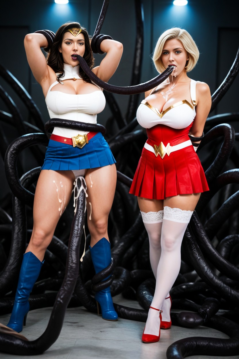 Both Wearing Superheroine Costumes, Short Skirt, Alarmed Facial Expression AI Porn