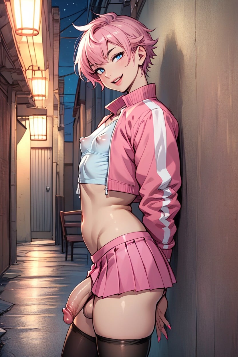 Night, Looking_to_the_side, Deep Pink Around Nipples Shemale AI Porn