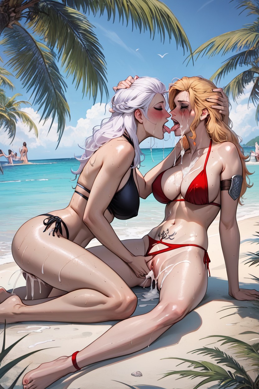 Jainas Left Hand Is Squeezing Nipple, Bikini, Legs Slightly Spread Hentai AI Porn