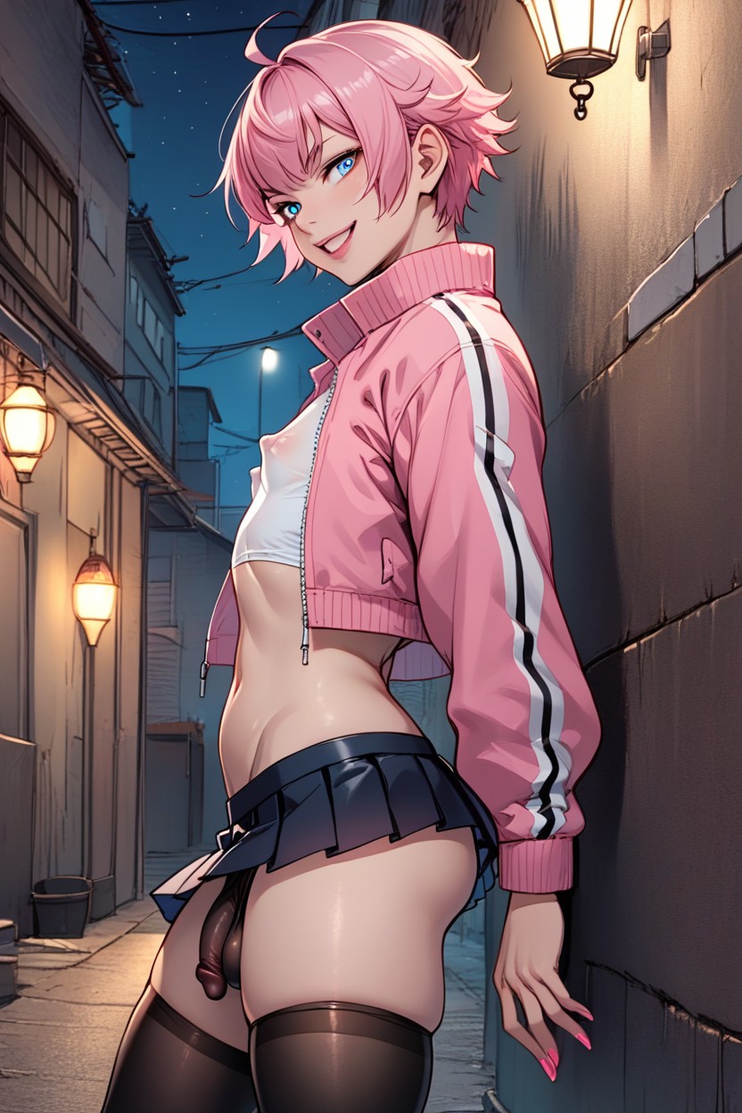 Pink_lips, Looking_to_the_side, Pleated_skirt Shemale AI Porn