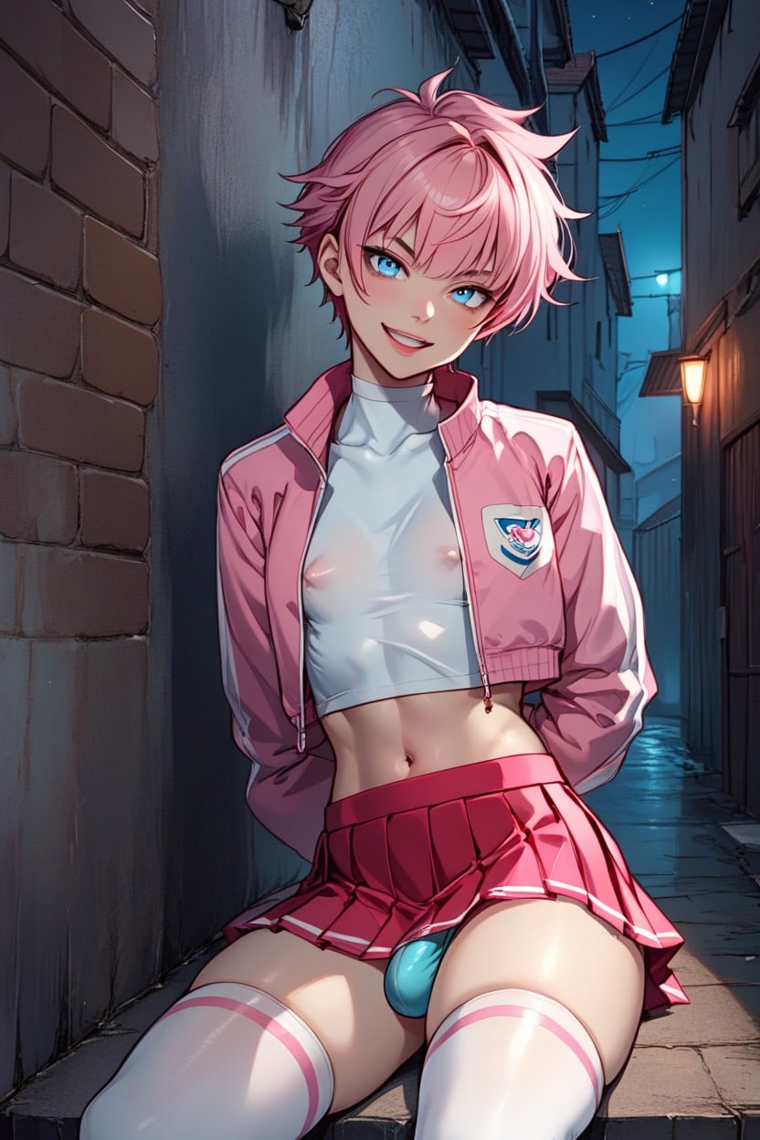 Pink_hair, Pink Skirt, Thick_thighs Shemale AI Porn