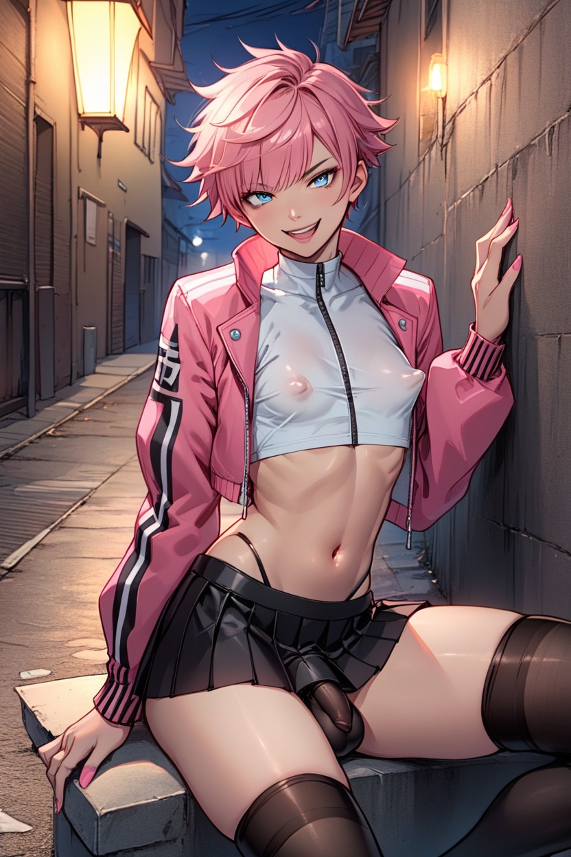 Covered_testicles, Pink_hair, Sitting Shemale AI Porn
