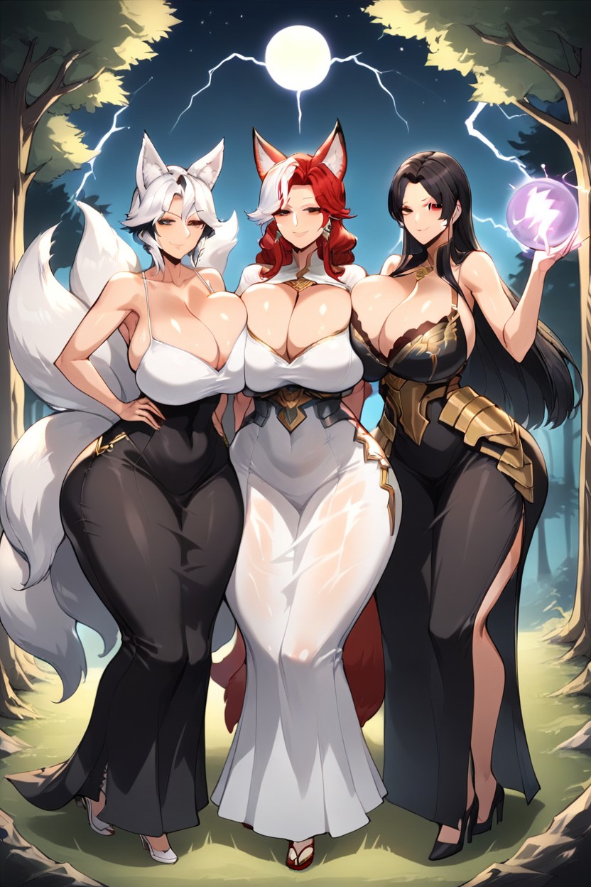Looking At Viewer, Fox Tail, Squeezing Breasts Hentai AI Porn