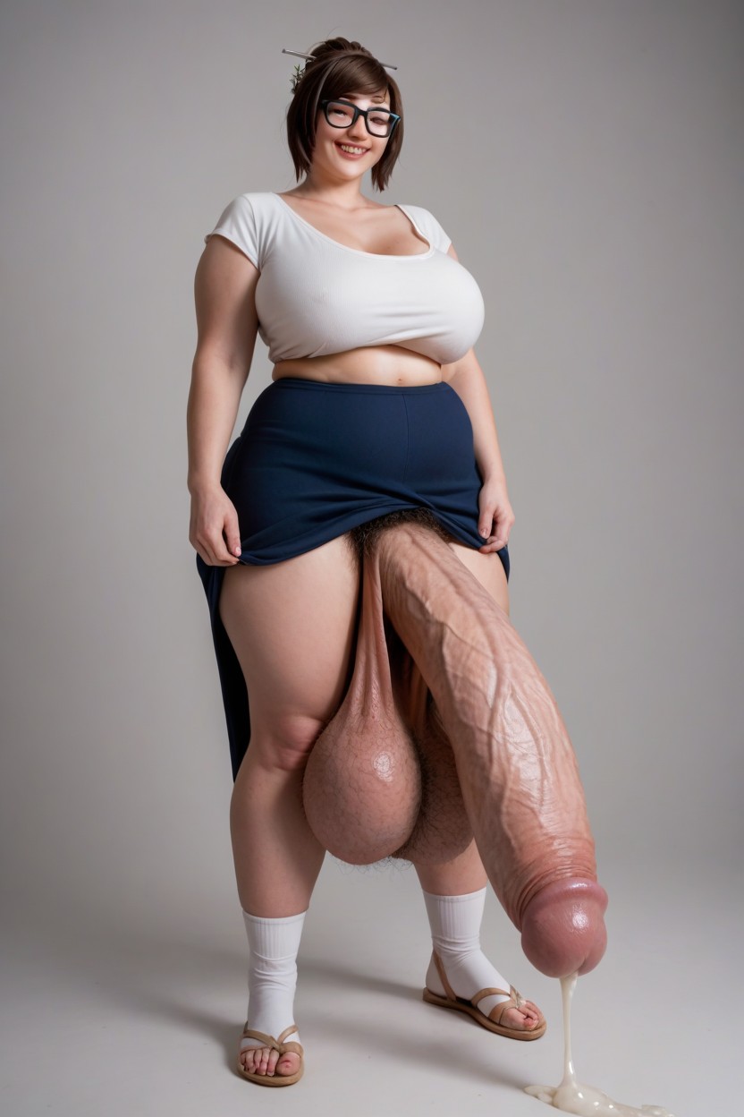 Massive Long Huge Hairy Swollen Balls, Front View, Thick Fat Cock Shemale AI Porn