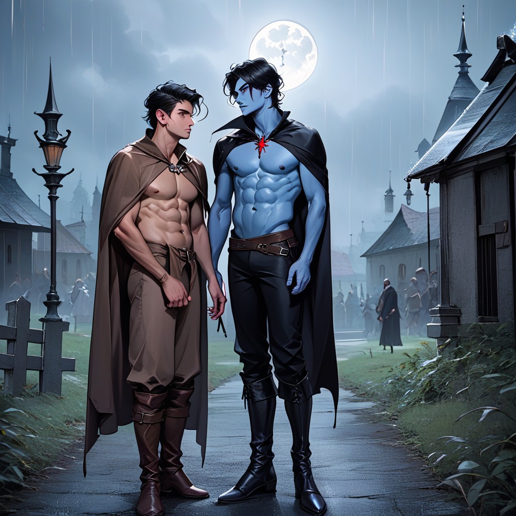 Vampire Touching Peasant’s Chest, High Resolution, Night AI Gay Porn