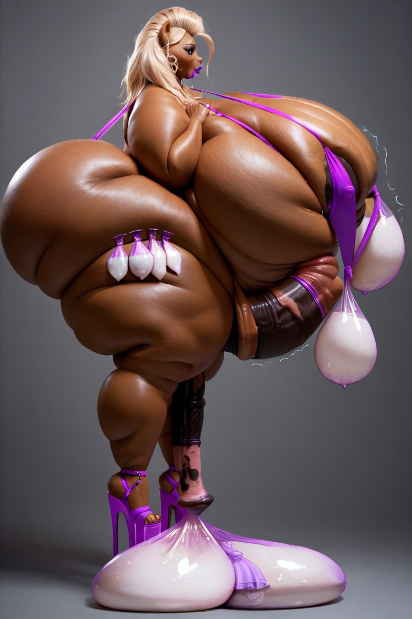 Thick Thighs, Hyper Filled Condom, Purple Sling Bikini Shemale AI Porn