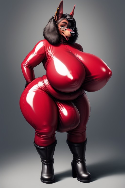 Thick Thighs, Red Platform Boots, Red Latex Gloves Furry AI Porn
