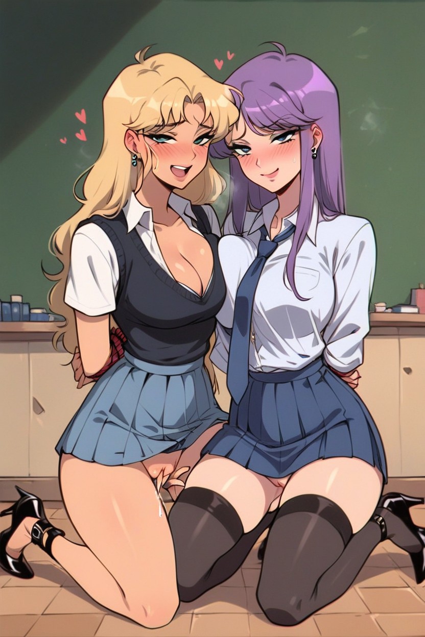 Mischievous (smiling While Blushing), Love Hearts, Two Girls Hentai AI Porn