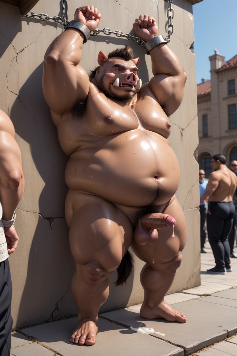 Oiled Skin, Many People Around, Chained To Wall AI Gay Porn