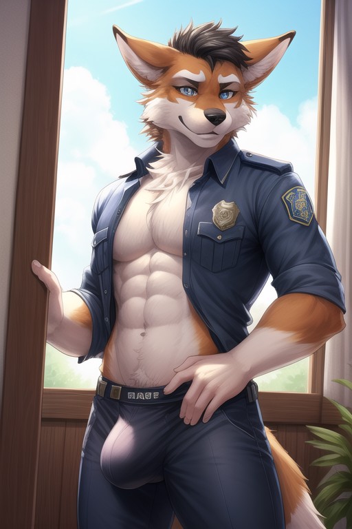 Male Crocodile Gay Huge Bulge Police Uniform Open Uniform Front View Close Up Bulge Pressed Against Window Gay Precum Furry AI Porn
