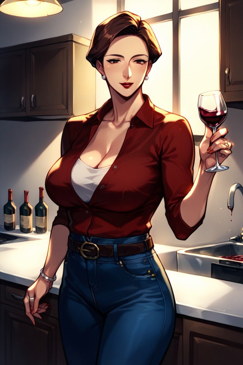 Dark Red Buttoned Shirt, Drinking Wine In The Kitchen, Woman In Her S Hentai IA pornografia