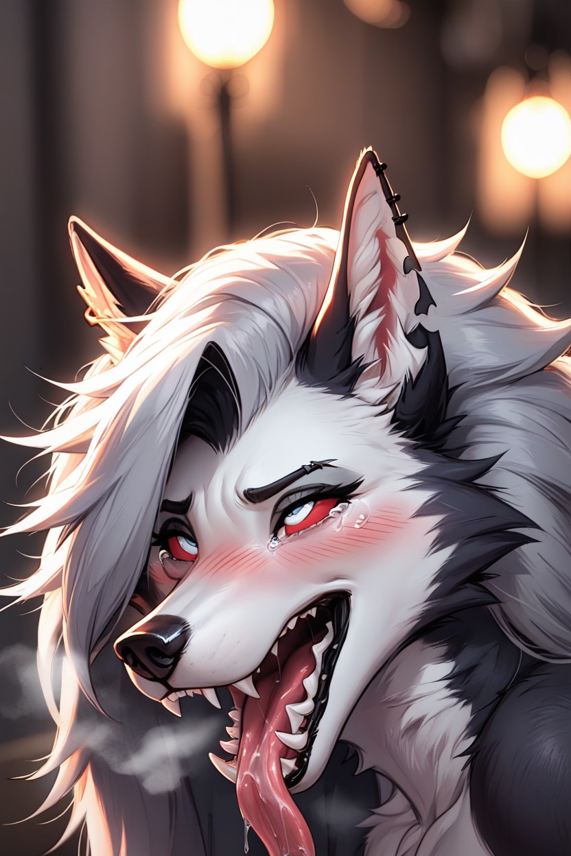 Slightly Closed Eyes, Embarrassed, Large Wolf Ears Furry IA