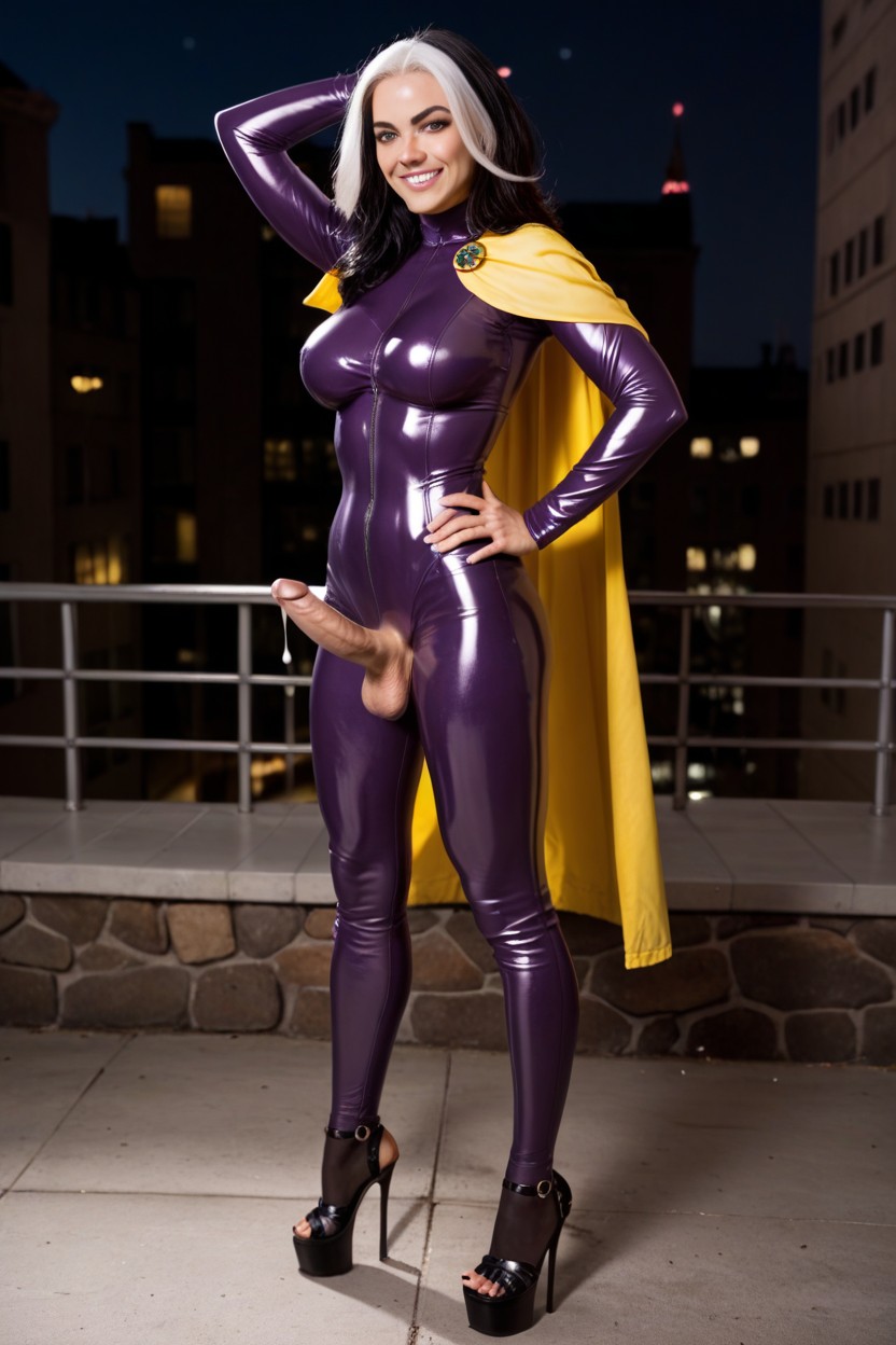 Purple Platform High Heels, Hands On Hips, Side View Shemale AI Porn