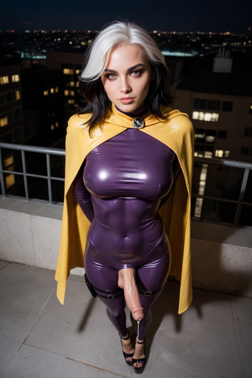 Yellow Shiny Cape, Extremely Short Straight Hair, Solo Shemale AI Porn