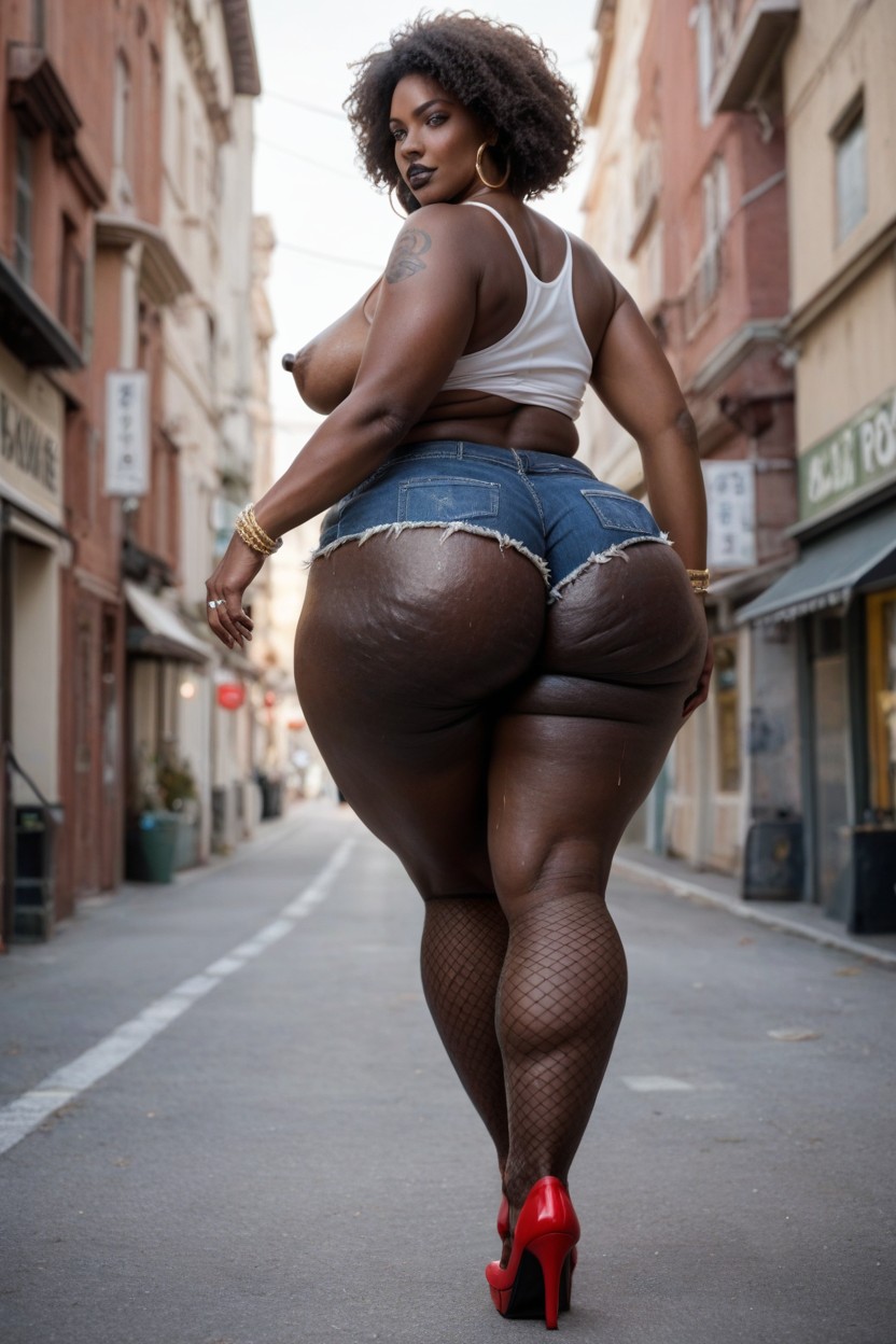 Legs Wide Apart, City Street, African Shemale AI Porn