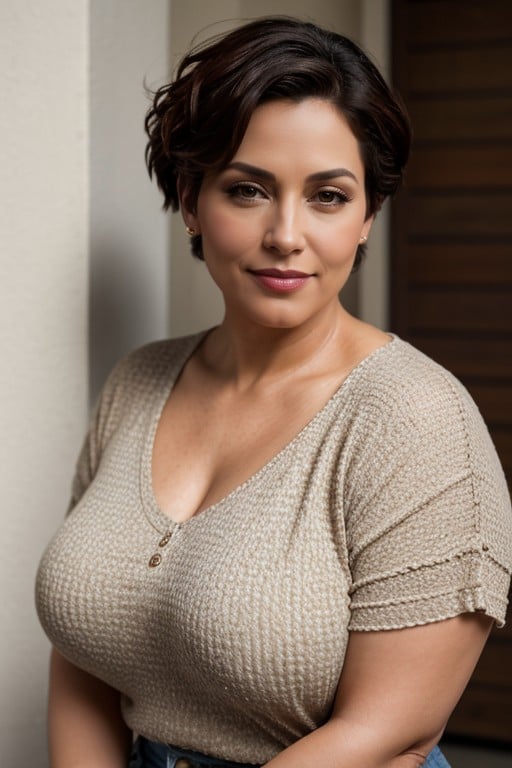 Latin Woman Milf Short Hair Large Breasts A Little Chunky Curvy Gorgeous Mid-s And Casual Clothing Face Looks Older Furry AI Porn