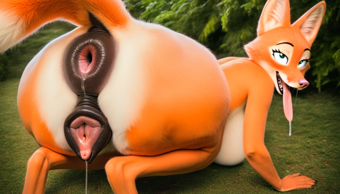 On All Fours, Raised Tail, Dark-brown Pussy Furry AI Porn