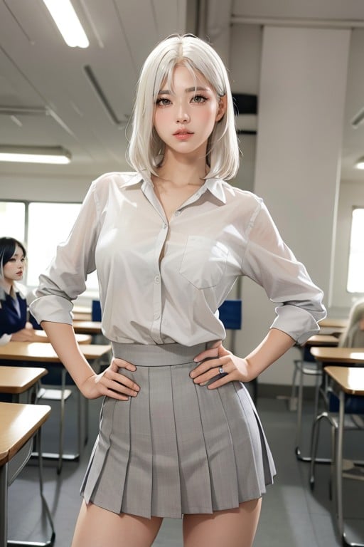 Waist Shot, White Hair, School Uniform AI Porn