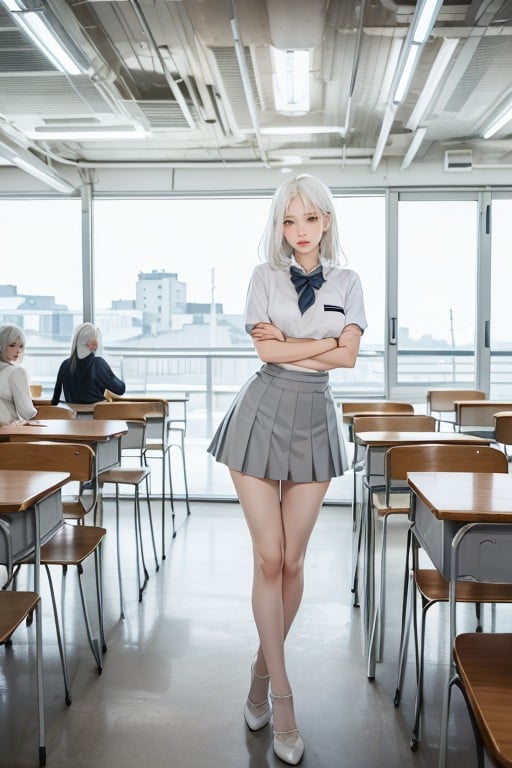 Grey Eyes, White Hair, Vary Long Legs AI Porn