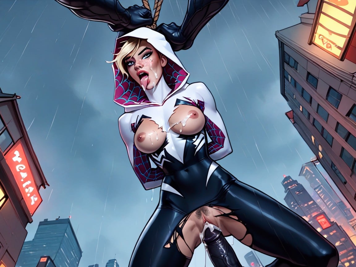 Spider Gwen Hanging On Web Upside Down Giving Sloppy Blowjob To Venom Thick Cock With Veins And Dripping Cum, 뷰어를 보면서, Messy FacialAI 포르노