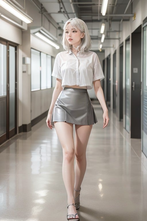 Grey Leather Skirt, 小さな胸, モデルAIポルノ