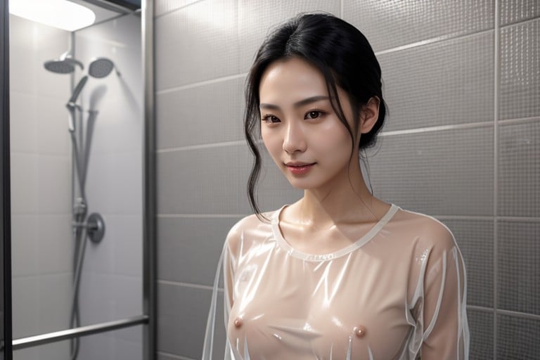 Bathroom Stall, Wet T-shirt, Asian AI Porn