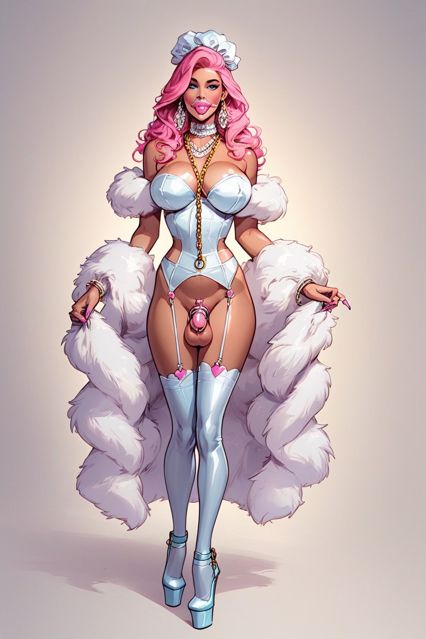 Wears A Playful Gag, Plastic Pink Chastity Cage, Featuring A Figure In A Corseted Pink And White Outfit With Extravagant Ruffles And A Fluffy Shawl The Character Has Vibrant Pink HairAI 포르노