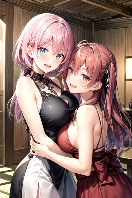 Cute, Pink Hair, Girls Hugging AI Porn