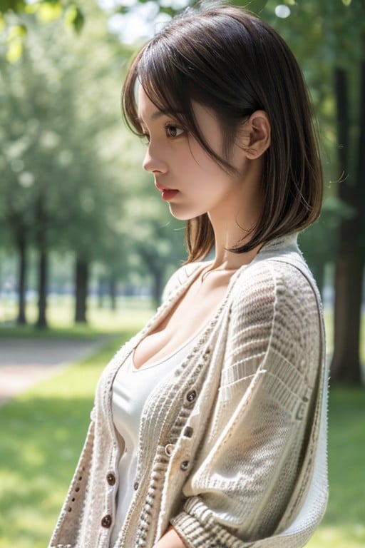 Cardigan, Bangs, Rounded Breast AI Porn