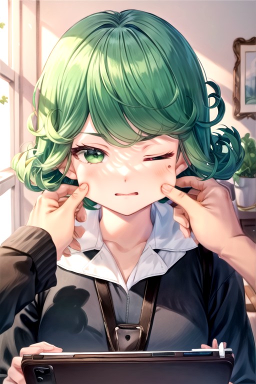 Living Room, Pinching Cheeks, Tatsumaki (one Punch Man) AI Porn