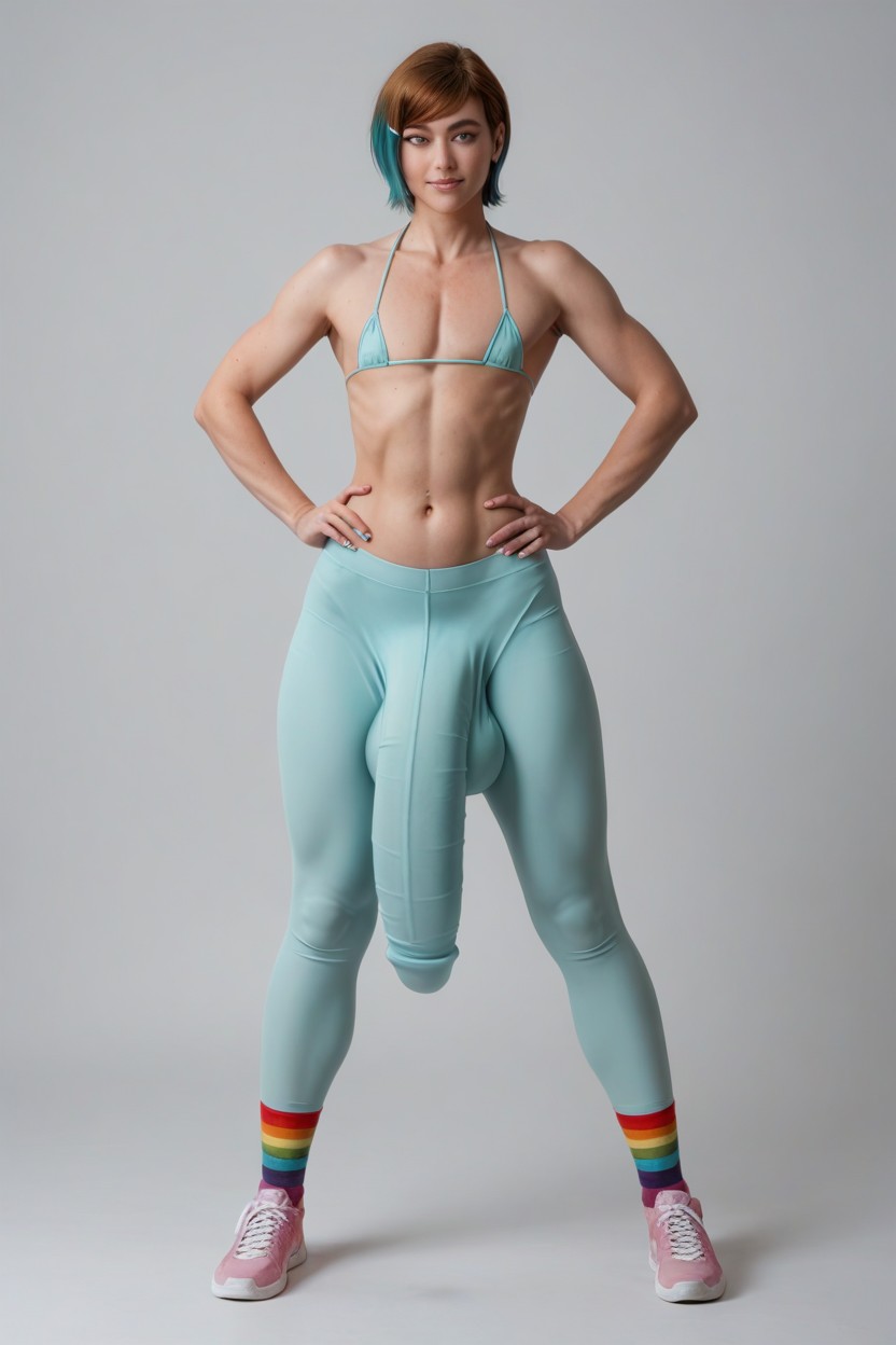 Hyper Bulge, Wide Hips, Rainbow Micro Bikini Shemale AI Porn