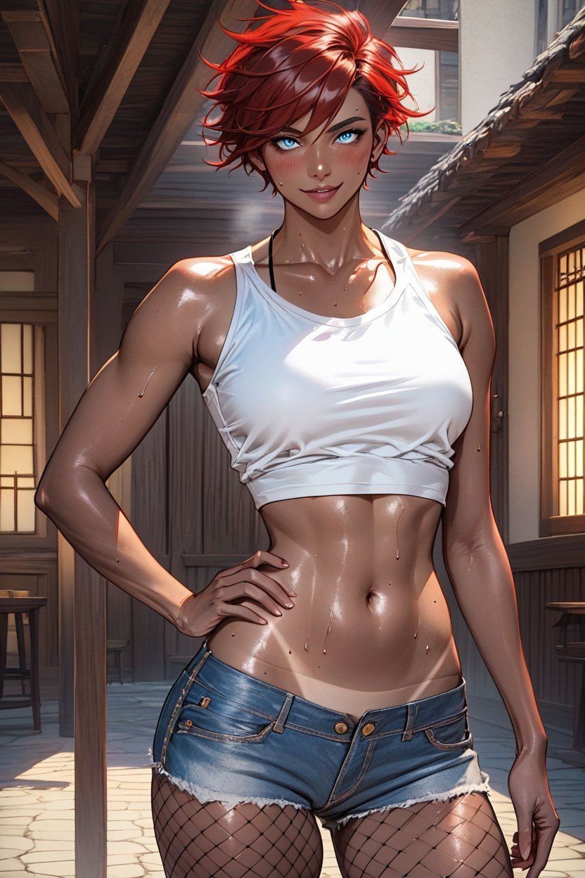 Delgada, White Tank Top, Pixie Short HairPorno AI