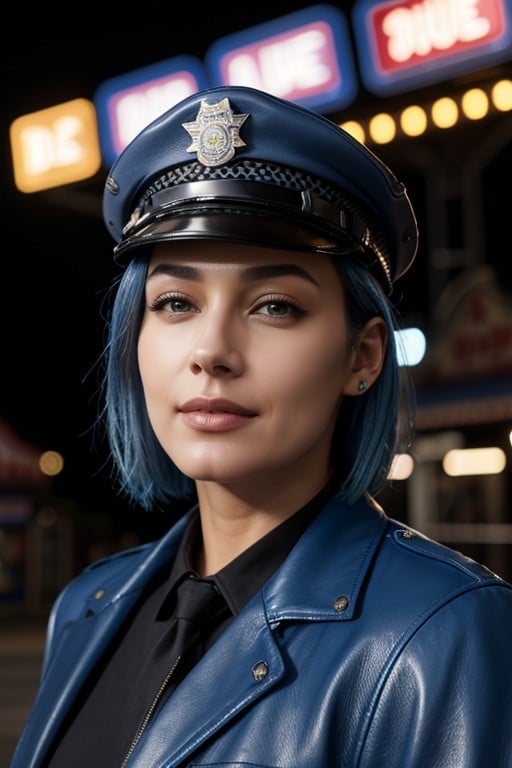 Costume De Police, Fermer, Cheveux BleusPorno IA