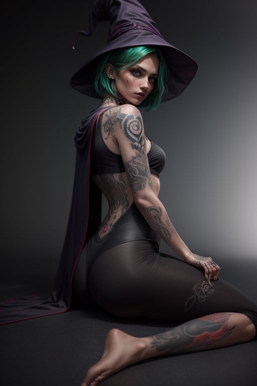 Tattoo, Pixie Cut, Jack O' Lantern Pose  AI Porn