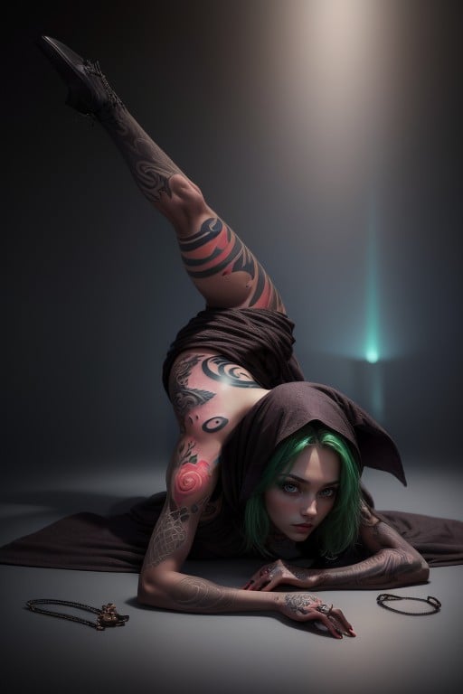 Jack O' Lantern Pose , Green Hair, Tattoo AI Porn