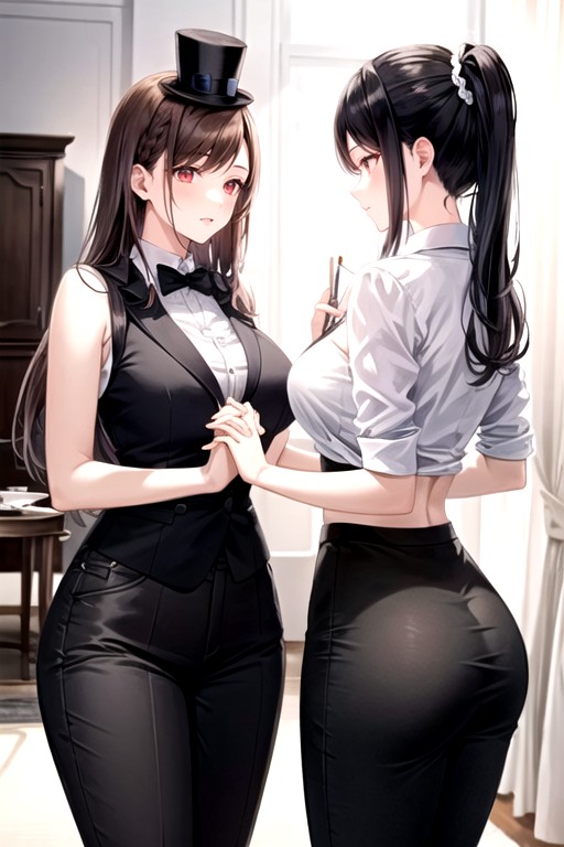 Aerith, Black Top Hats That Complete Their Sophisticated Look Posture And Interaction The Women Are Holding The Central Character's Hands, While The Woman On The Right Has Auburn Hair Styled In A Neat Braid That Drapes Over Her Shoulder Both Women Wear TallAI黄片