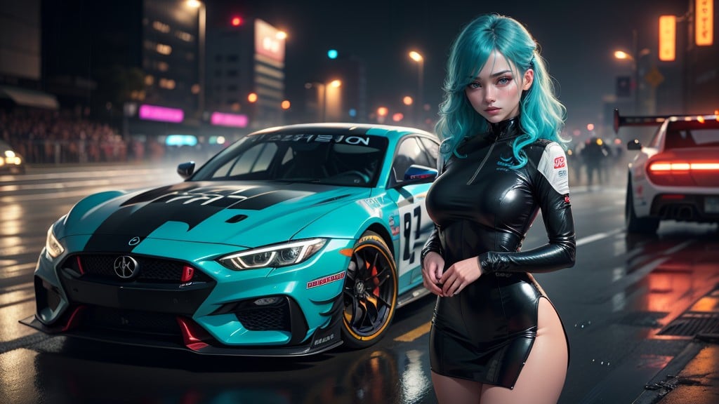 Rain, One Japanese Sexy Girlcyan Hair Multicolor, At Night AI Porn