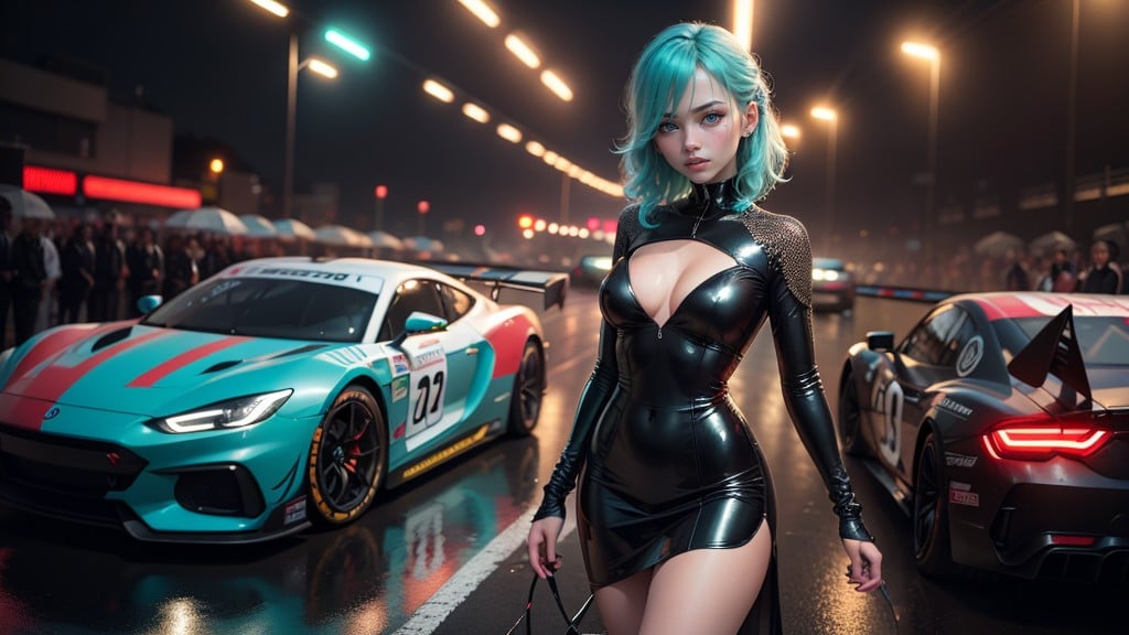 At Night, Strong Red Neon Lights, No Underwearstanding With Legs Wide Spread Between Two Racing Cars Participating In A Night Car RacestokioAI 포르노