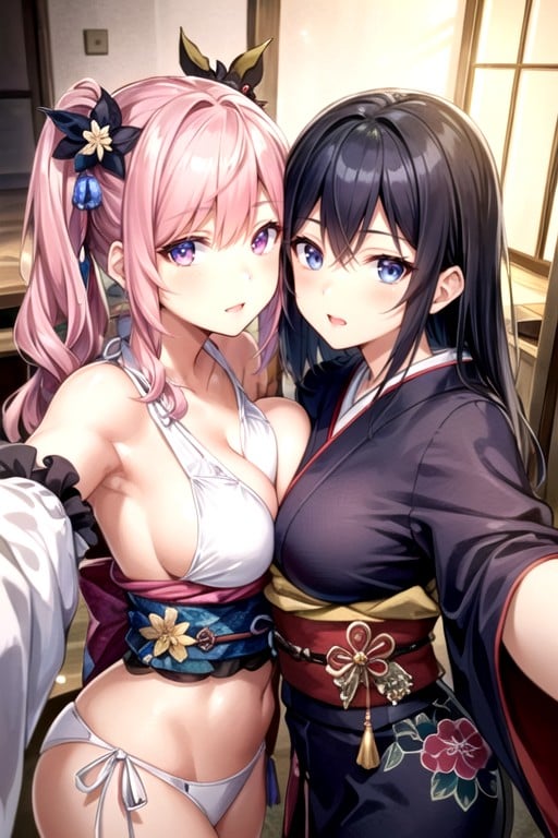 Selfie, Kimono, Girls Hugging AI Porn