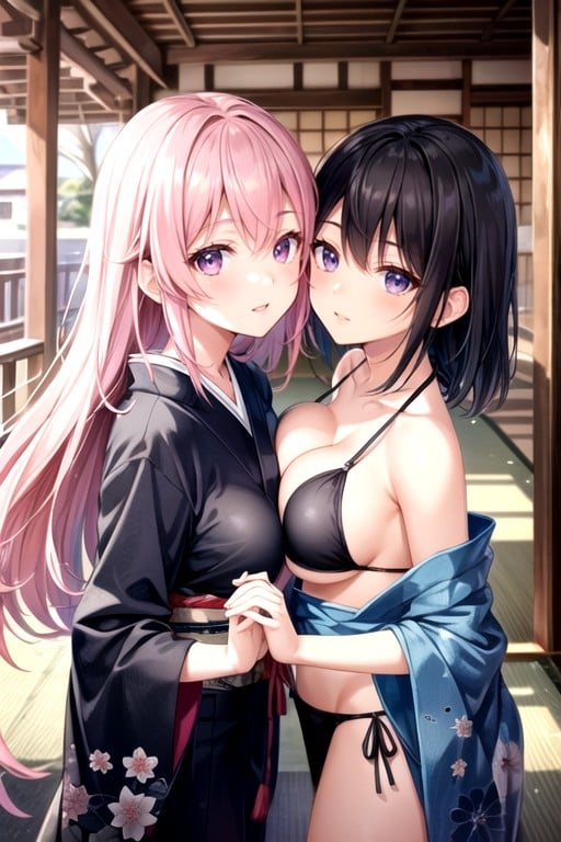 Girls Hugging, Pink Hair, Selfie AI Porn