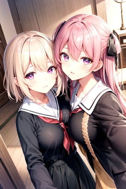 Girls Hugging, Pink Hair, School Uniform AI Porn