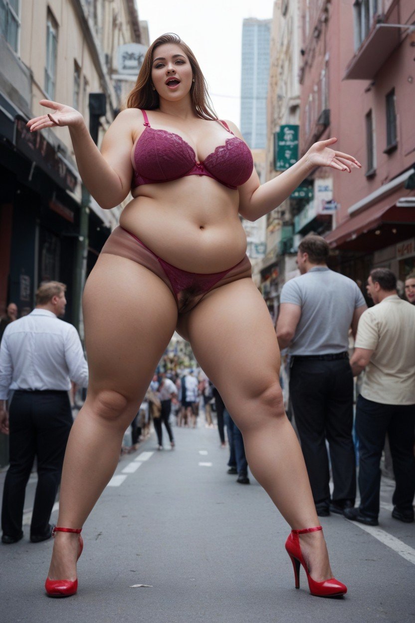 Normal Size Man Reaching Up To Touch Giantess' Thigh, Full Body, Street AI Porn