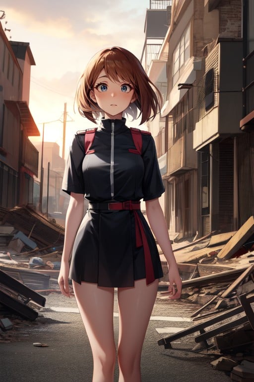 Ochaco Uraraka Frommy Hero Academiawearing Herpink And Black Uravity Hero Costume, Blushing, Standing In Front Of Rubble In A City AI Porn