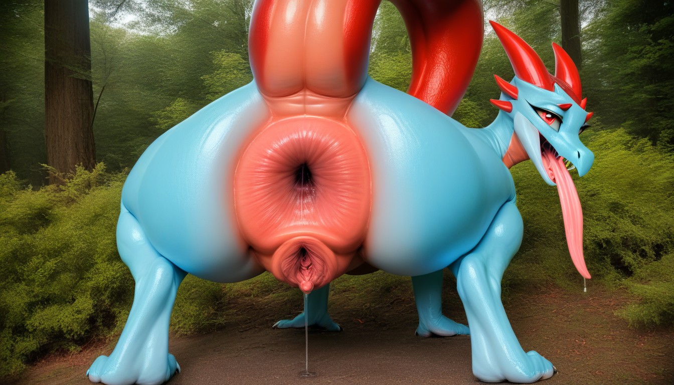 Tongue Lolling Out Mouth, Squatting, Insane Scale Detail Furry AI Porn