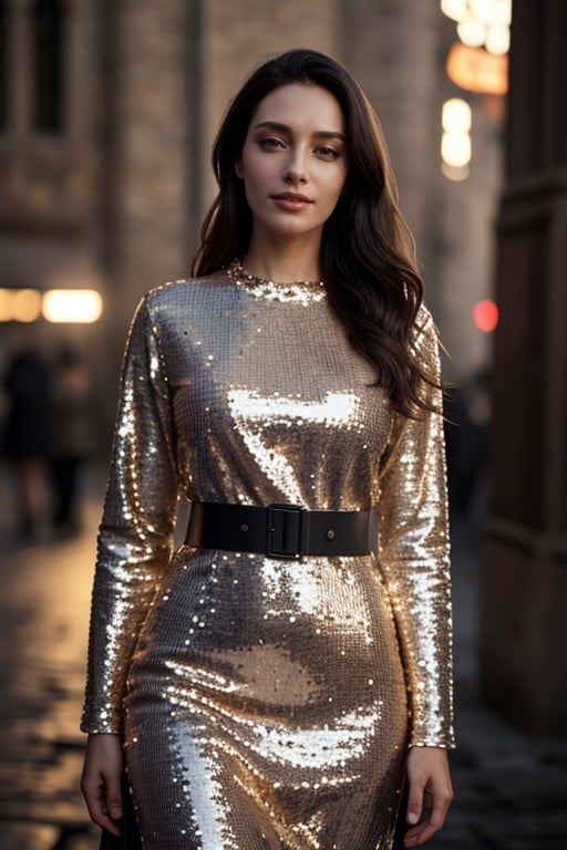 Cinematic, Sequin Dress, Long Sleeves AI Porn