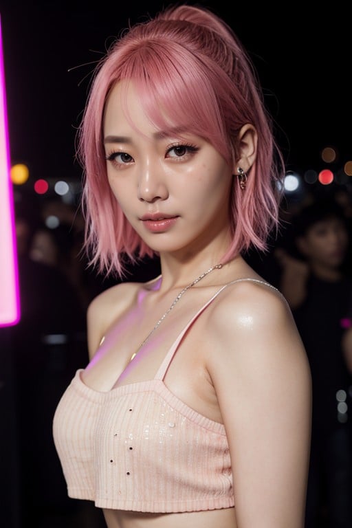 K Pop Idol Pink Hair Mini Skirt Night Club Cum In Face Disgusted Face Pornografia de IA